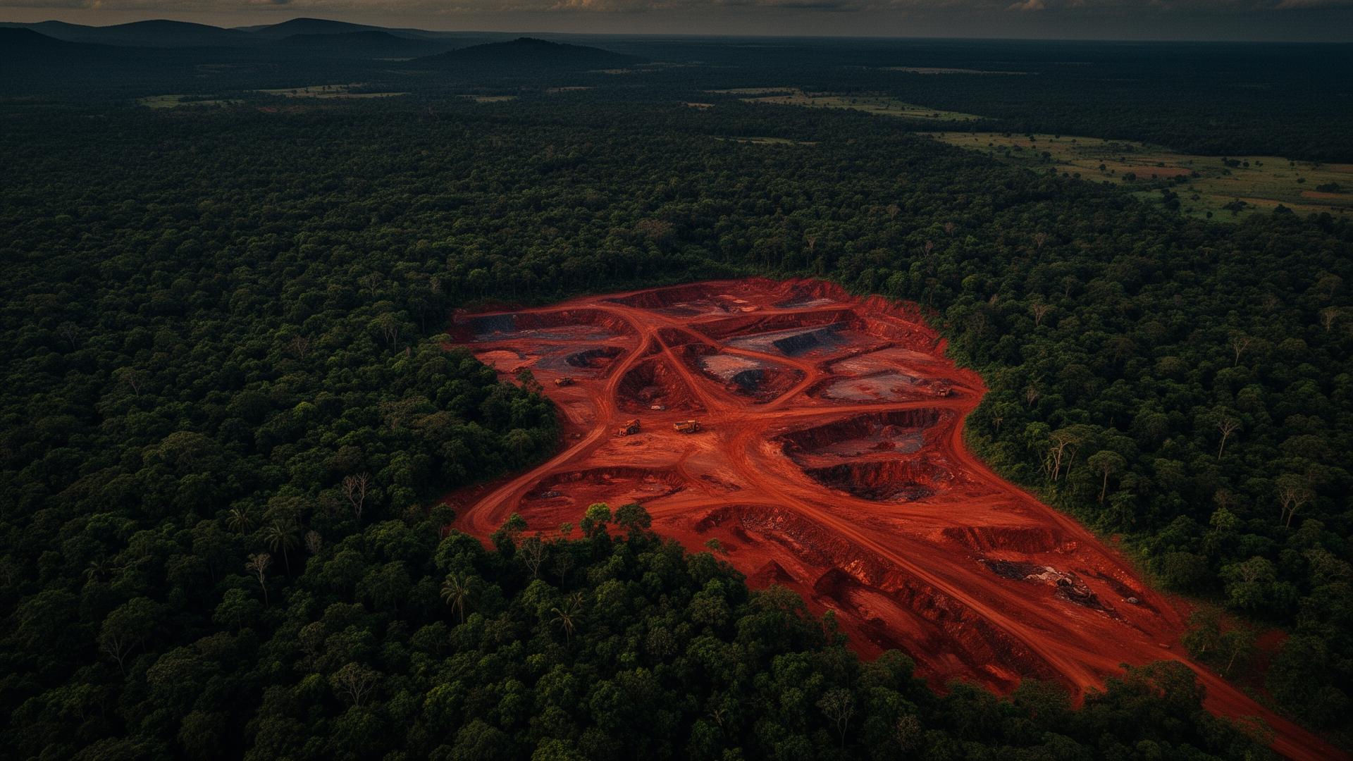 Aerial view of a Ghanaian mining concession bordered by forest